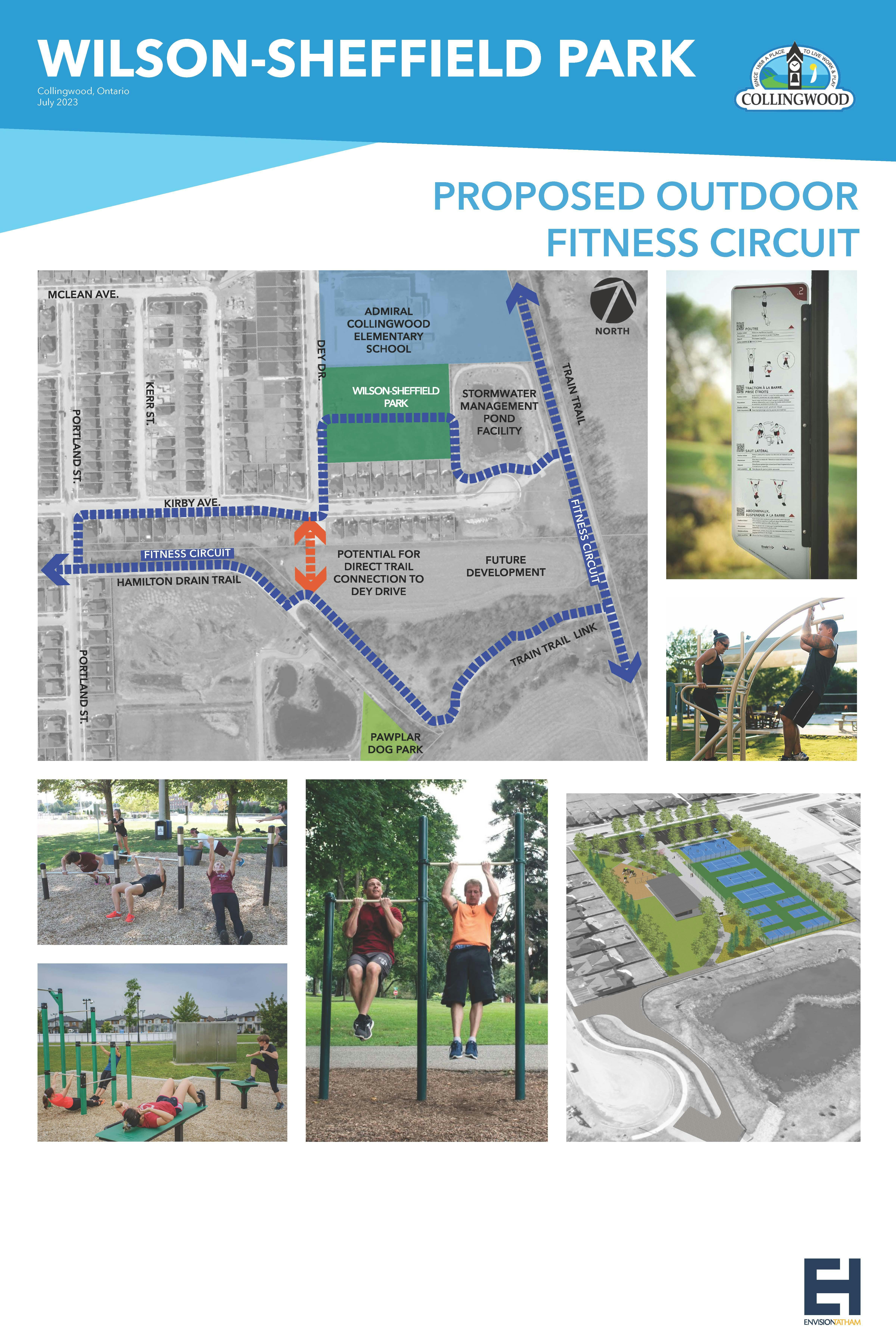 A map of the proposed fitness cirrcuit at Wilson-Sheffield park, with example images of fitness equipment. 