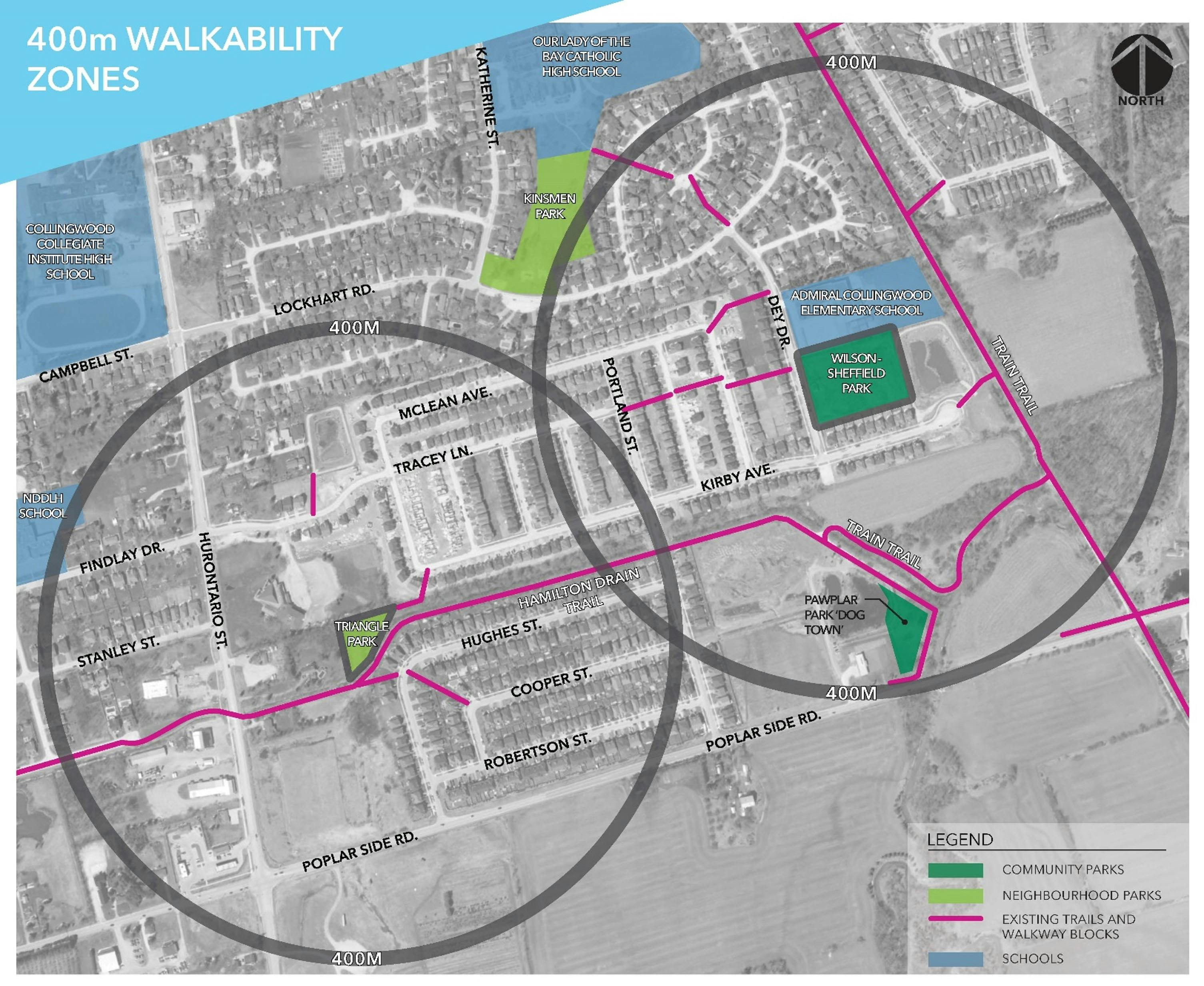 A map showing the walkability around both Triangle and Wilson-Sheffield parks.