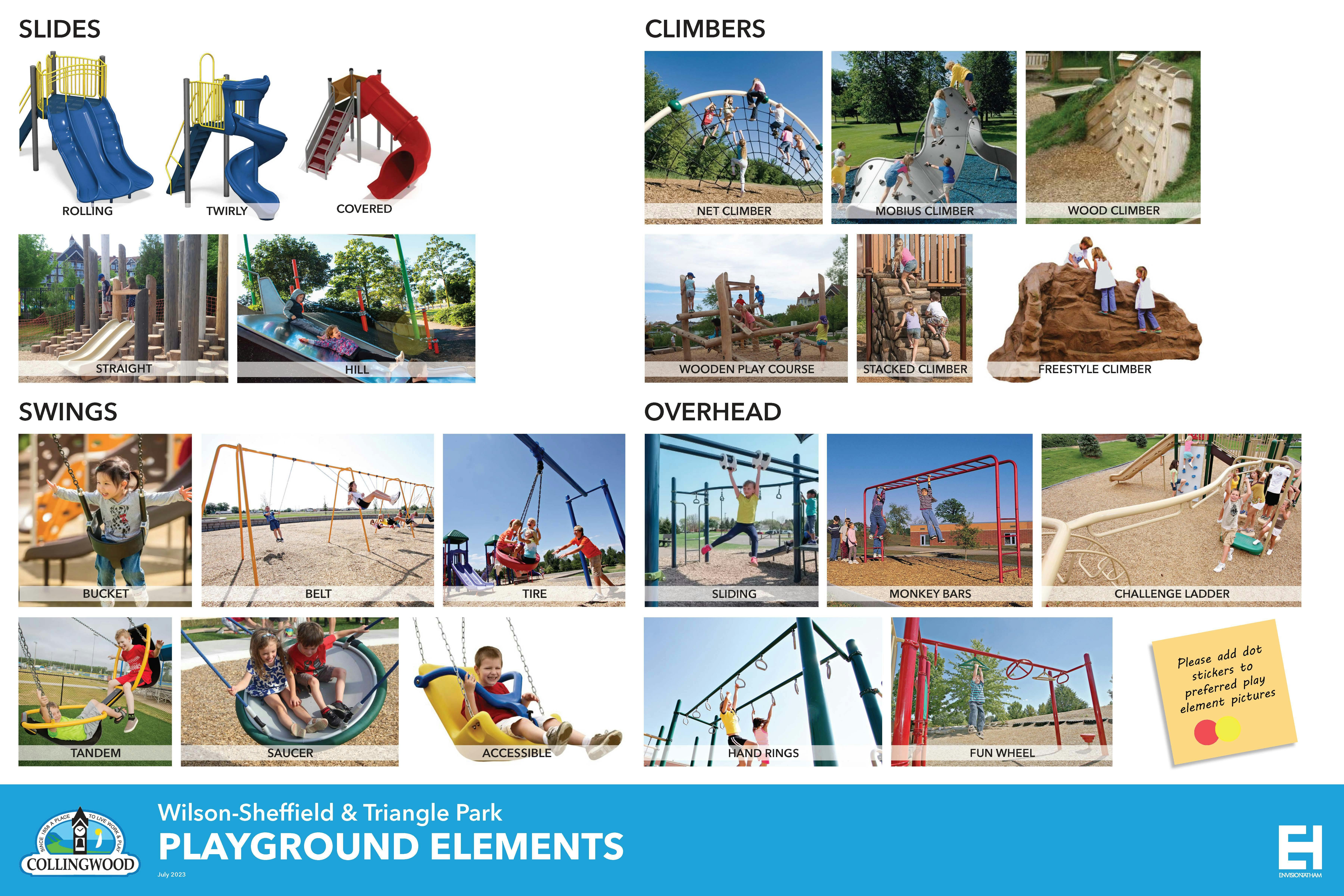 Visual of the various playground elements including examples slides, climbers, swings, and overhead bars. 