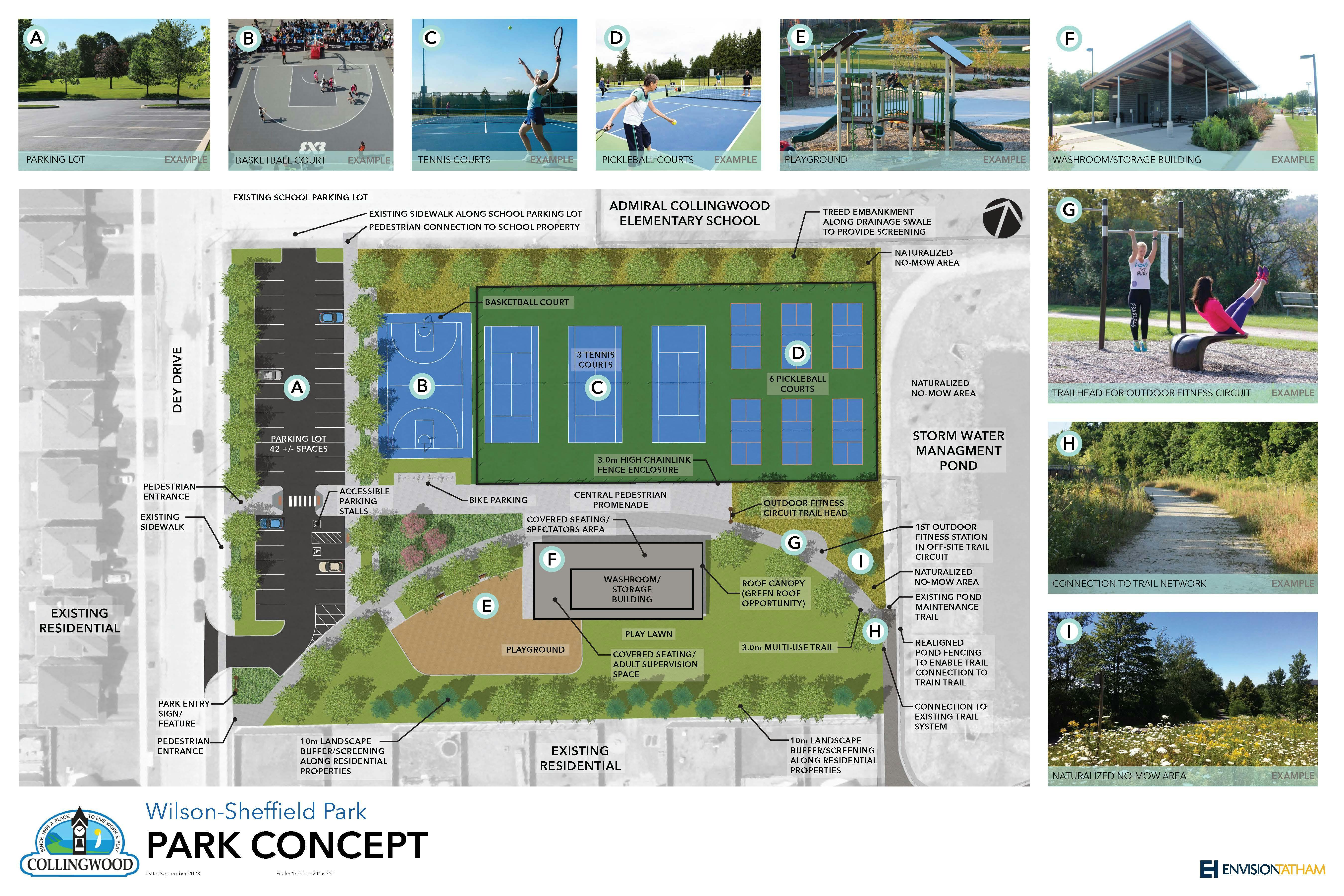 A map and visuals of Wilson-Sheffield park and it's proposed amenities. 