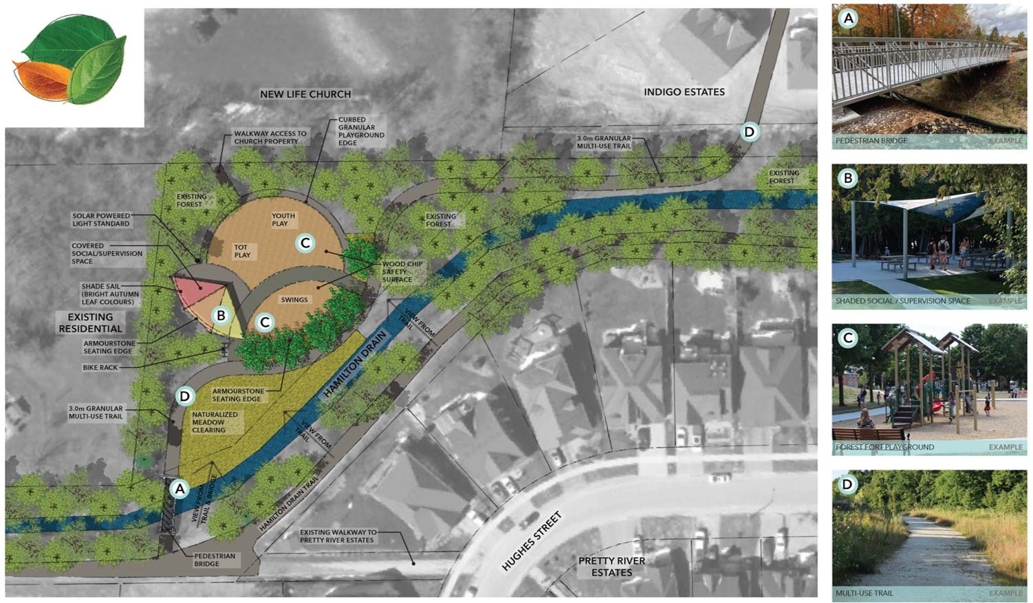 Design site drawing of Triangle Park showing such things as the bridge entering the park, playground space, sun canopy shade and trail.
