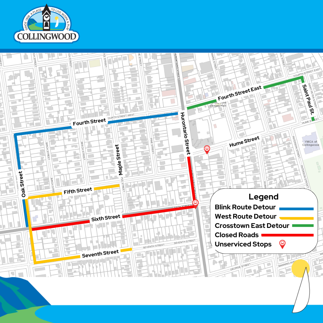 Map outlining the transit detours during phase 1 of the Sixth Street reconstruction project