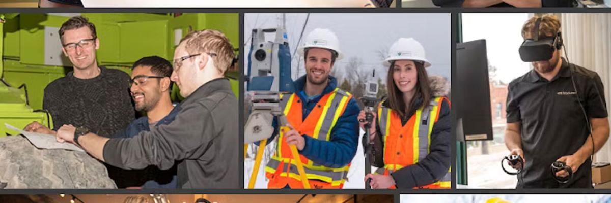 Collage of professionals in various engineering and tech roles, including construction, design, virtual reality, and office collaboration, showcasing diverse workplace activities.