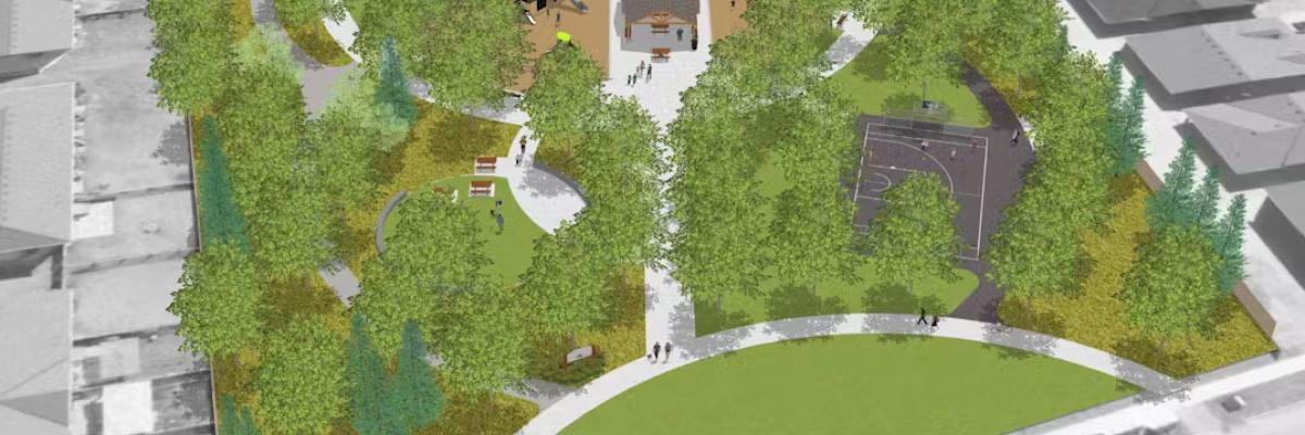 Illustrated aerial view of a community park design featuring open green spaces, tree-lined pathways, a playground, basketball court, and central pavilion.