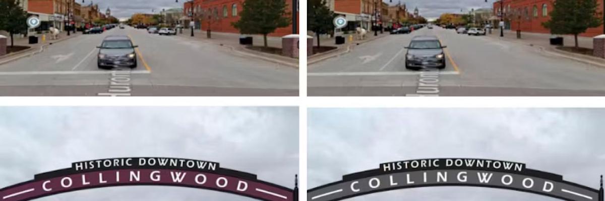 Four design variations of the 'Historic Downtown Collingwood' archway over a main street, showing different colour schemes for community feedback.