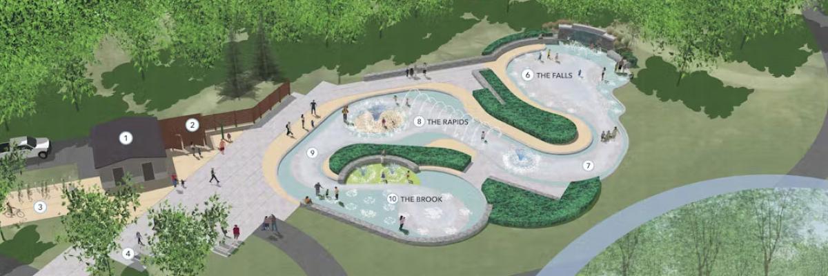 Illustrated layout of the Awen waterpark concept, featuring areas like 'The Falls,' 'The Rapids,' and 'The Brook,' surrounded by greenery and walking paths.