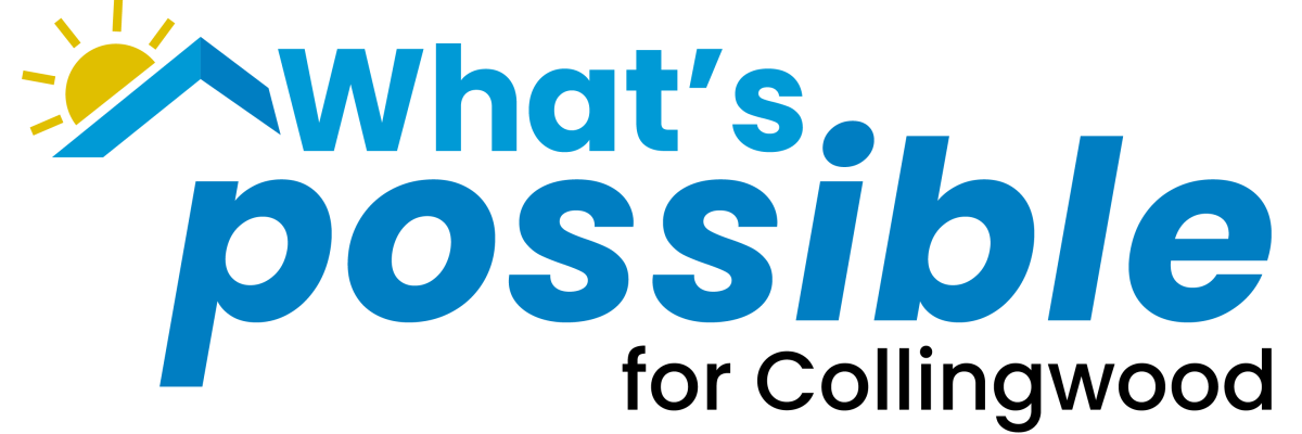 Logo for the What's Possible housing campaign. The What's Possible title is in blue font with a peaked roof and sun on the left hand side.