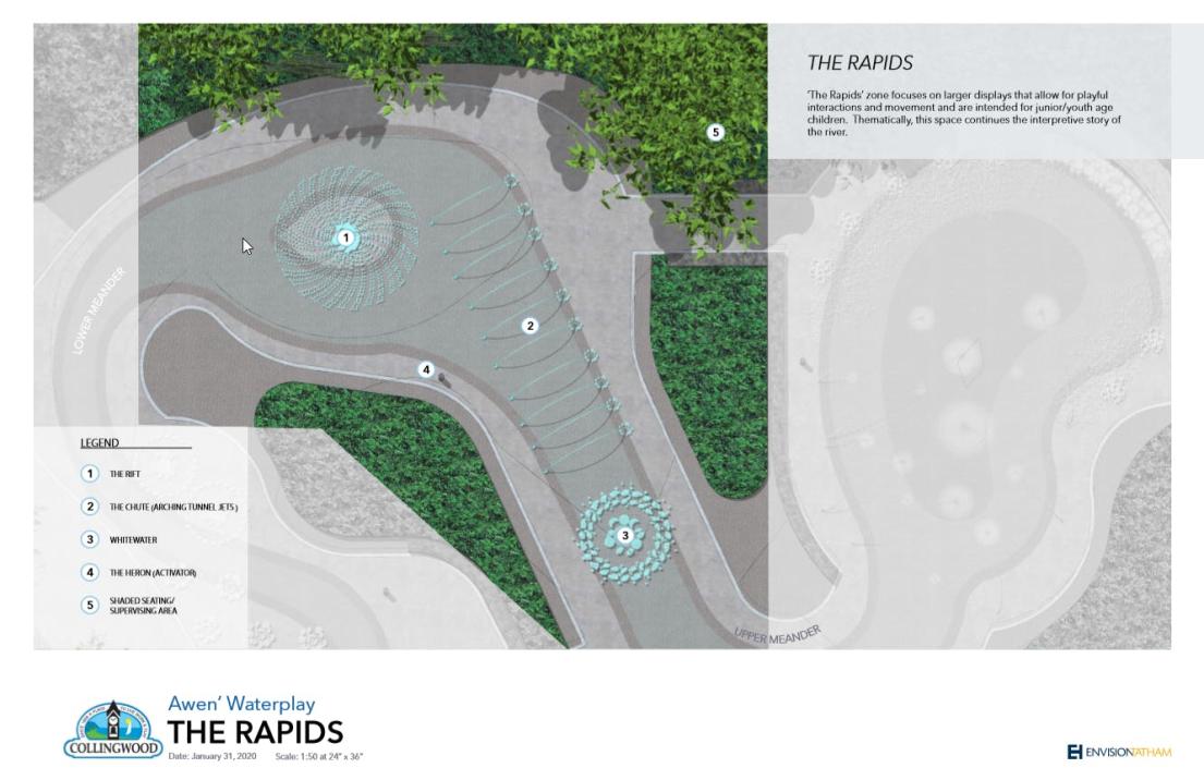 A top down view of the Rapids portion of the waterplay area.