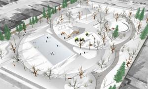 Winter time rendering to show what is possible in the winter. Showing an outdoor ice surface within the park.