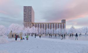 A rendering of an ice rink in the winter behind the Collingwood Terminals.
