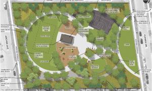 Revised design drawing of park showing multi-use court, play structure, four peak pavilion, open space, trees and looped concrete path.
