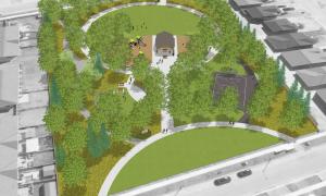 Aerial photo of the full park within the subdivision showing design features.
