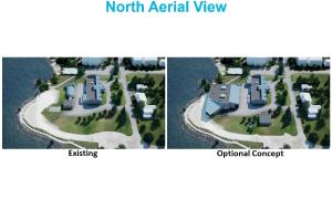 North aerial view comparing the existing building to the planned one.