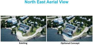 North east aerial view comparing the existing building to the planned one.