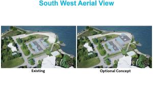 South west aerial view comparing the existing building to the planned one.