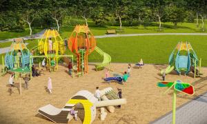 Different playground features such as climbing structures, slides etc.