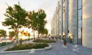 Rendering of community space in front of Collingwood Terminals