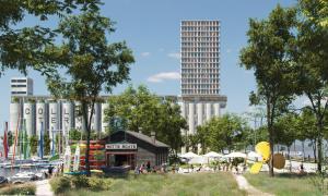 A rendering of a revived waterfront, with Collingwood Terminals, including a new building, in the background.