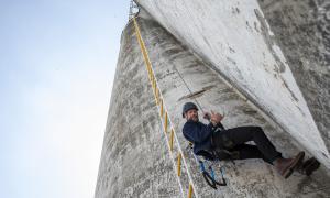 Jon Montgomery, host of The Amazing Race Canada participates in a challenge at the Collingwood Grain Terminals