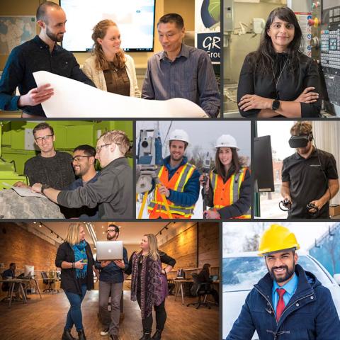 Collage of professionals in various engineering and tech roles, including construction, design, virtual reality, and office collaboration, showcasing diverse workplace activities.