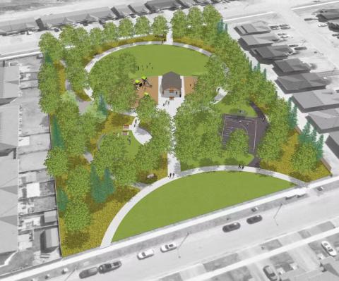 Illustrated aerial view of a community park design featuring open green spaces, tree-lined pathways, a playground, basketball court, and central pavilion.