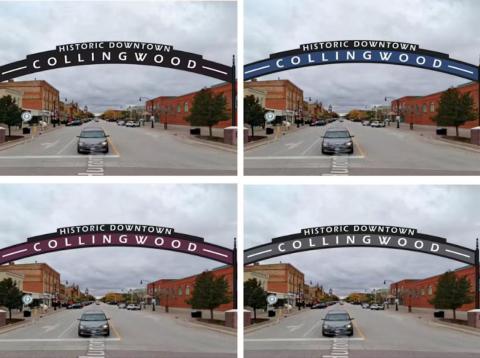 Four design variations of the 'Historic Downtown Collingwood' archway over a main street, showing different colour schemes for community feedback.
