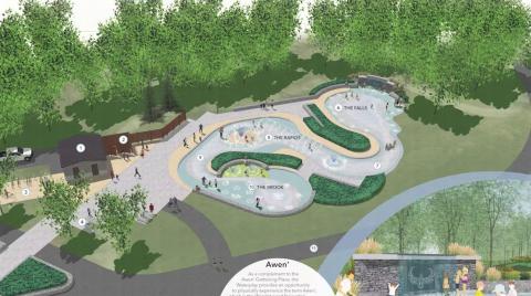 Illustrated layout of the Awen waterpark concept, featuring areas like 'The Falls,' 'The Rapids,' and 'The Brook,' surrounded by greenery and walking paths.