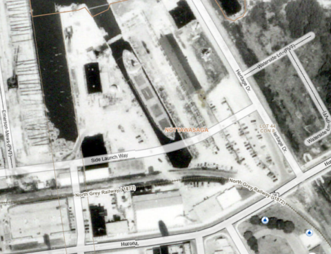 Simcoe County GIS Map showing original footprint of the dry dock at the northern point of St. Paul Street in 1978. Today, Side Launch Way cuts through the southern section of the original footprint.