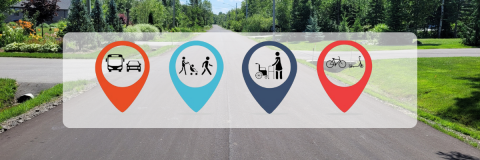 paved road with icons representing various modes of transportation