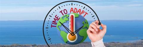 Visualization of a clock around the Earth with the text "Time to Adapt"