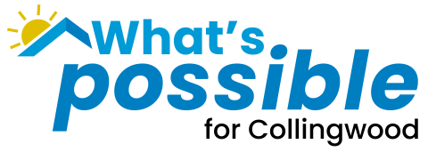Logo for the What's Possible housing campaign. The What's Possible title is in blue font with a peaked roof and sun on the left hand side.